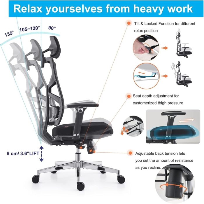 HOLLUDLE Ergonomic Office Chair with Adaptive Backrest, High Back Computer Desk Chair with 4D Armrests, Adjustable Seat Depth, Lumbar Support and 2D Headrest, Swivel Task Chair, Black - Image 6