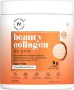 WELLBEING NUTRITION Beauty Korean Marine Collagen Peptides with Hyaluronic Acid, Rosehip, Astaxanthin, Biotin & Vitamins C & E for Hair, Nails, Skin Radiance & Anti-Aging | Mango Peach Flavor - 250g
