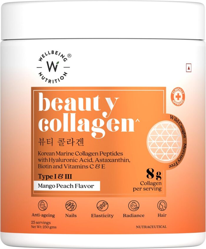 WELLBEING NUTRITION Beauty Korean Marine Collagen Peptides with Hyaluronic Acid, Rosehip, Astaxanthin, Biotin & Vitamins C & E for Hair, Nails, Skin Radiance & Anti-Aging | Mango Peach Flavor – 250g