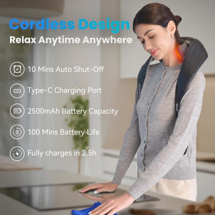 Comfier Shiatsu Neck & Shoulder Massager Wireless 4D-Rotation Neck Massage with Heating and Vibration, Electric Massage Device for Office Home, Gift Mom Dad - Image 3