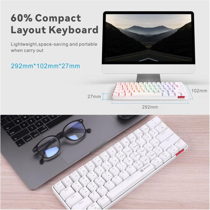 Baytion Mechanical Gaming Keyboard, 61 Keys Ultral Compact Wired Keyboard with Blue Switches and RGB Backlit for iOS, Android and Windows, White - Image 2