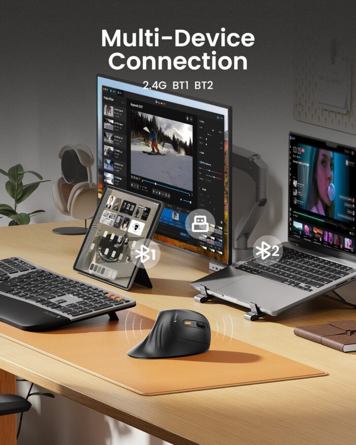 ProtoArc Ergonomic Mouse, EM11 NL Bluetooth Rechargeable Wireless Vertical Mouse, 3 Multi-Device Connectivity for Computer/PC/Laptop, 2.4GHz Optical Mice for Windows, Mac OS, Black - Image 2