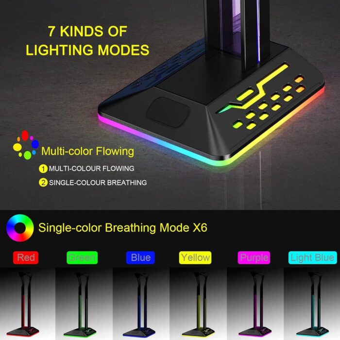 BIGTHREE RGB Headphone Stand, Gaming Headset Holder with 2 USB Charger, Cool Gaming Accessories Headset Stand, LED Headset Holder for PC Gamer Headphone Accessories - Image 3