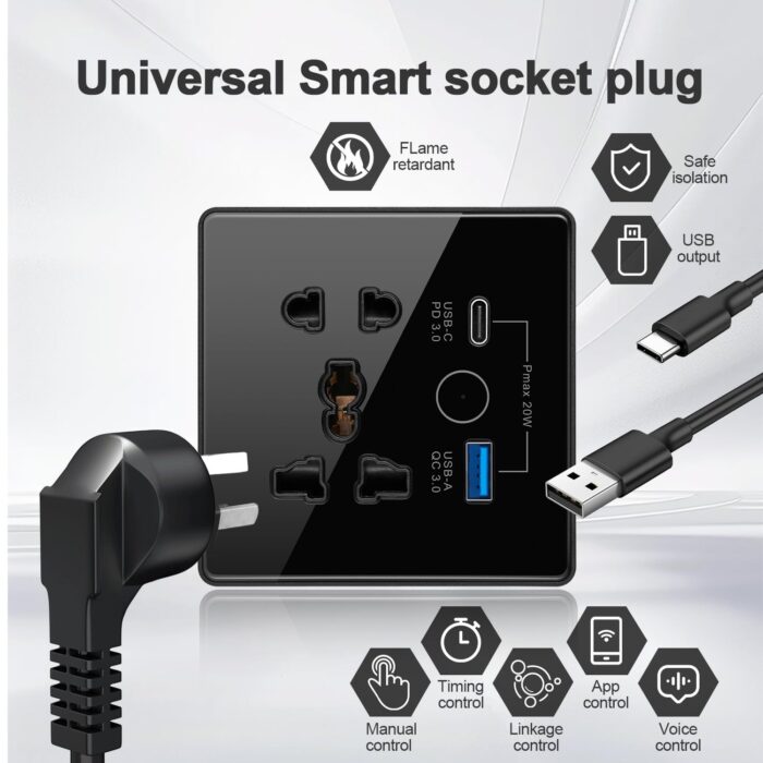 Tichondrius Universal Smart Wall Outlet, WiFi Smart Touch Wall Socket,Wall Outlet with USB+TypC Interface,Tuya APP Remote Control,Compatible Alexa and Google Home,No Hub Required,2.4G WiFi,13A (Black) - Image 4