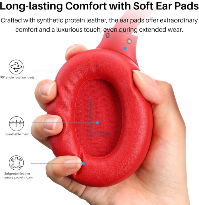 TOZO HT2 Hybrid Active Noise Cancelling Headphones, Wireless Over Ear Bluetooth Headphones, 60H Playtime, Hi-Res Audio Custom EQ via App Deep Bass Comfort Fit Ear Cups, for Home Office Travel Red - Image 7