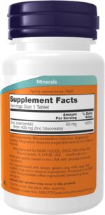 NOW Foods Supplements, Zinc (Zinc Gluconate) 50 mg, Supports Enzyme Functions*, Immune Support*, 100 Tablets - Image 2