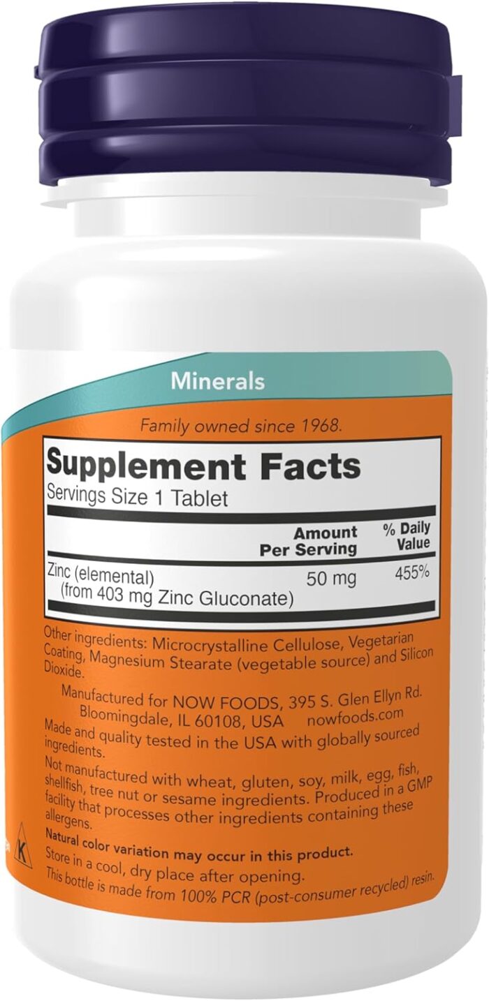 NOW Foods Supplements, Zinc (Zinc Gluconate) 50 mg, Supports Enzyme Functions*, Immune Support*, 100 Tablets - Image 2