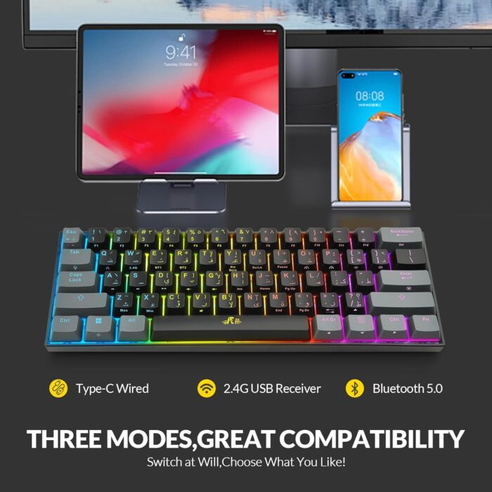 Rii [Arabic layout]RK802 Wireless Gaming keyboard, 3 Modes(Bluetooth/2.4G/Wired), 60% Rechargeable RGB Backlit Gaming Keyboard Red Switch for PC Windows Laptop(Black) - Image 7