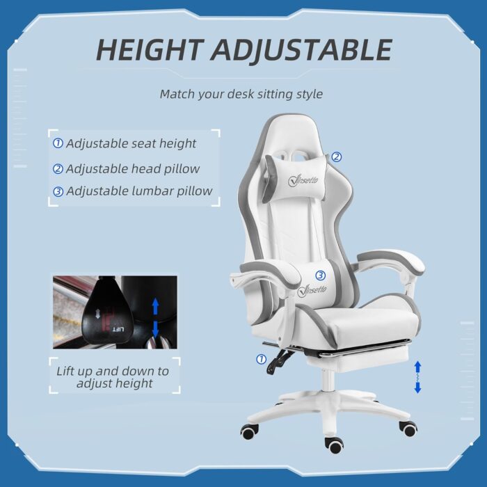 Vinsetto Racing Gaming Chair, Reclining PU Leather Computer Chair with 360 Degree Swivel Seat, Footrest, Removable Headrest and Lumber Support, White and Grey - Image 4