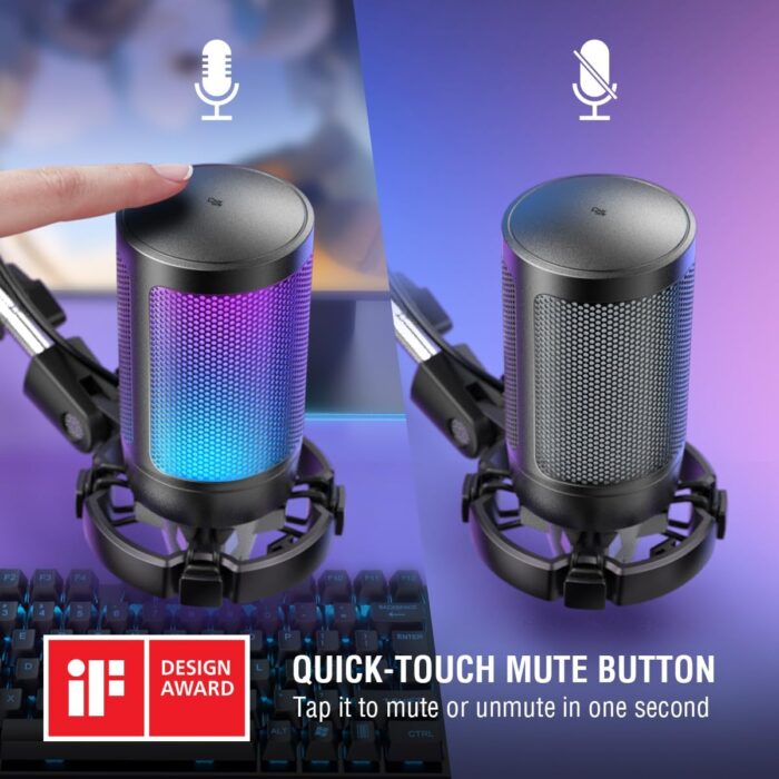 FIFINE Gaming PC USB Microphone, Podcast Condenser Mic with Boom Arm, Pop Filter, Mute Button for Streaming, Twitch, Online Chat, RGB Computer Mic for PC Gamer Youtuber-AmpliGame A6T - Image 4