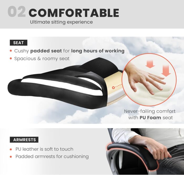 NEO CHAIR Office Desk Ergonomic Gaming Chair High Back Adjustable Computer Chair with Wheels and Lumbar Support Comfy Leather Executive Swivel (Black) - Image 5