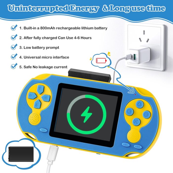 16 Bit Handheld Game for Kids, Video Game Player with Built in 230 HD Games, 3.0'' Screen Retro Electronic Machine with 3 Cartridges, Portable Rechargeable Games for Ages 3-12(Blue) - Image 3