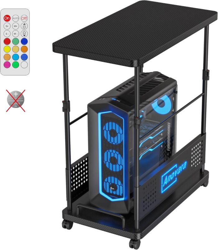 Anovara Computer Cart Height Adjustable Computer Tower PC Stand Table with RGB Lighting CPU Holder Table with Carbon Fiber Desktop and Lockable Rolling Wheels