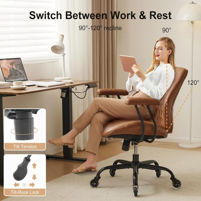 YFO Home Office Desk Chair Office Rubber Chair Casters Ergonomic Computer Chair with Lumbar Support Adjustable Height Rolling Swivel Chair Executive Task Armrests Chair， Brown Leather - Image 3