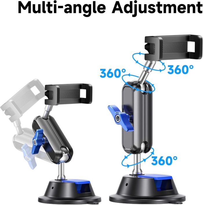 Car Photography Phone Holder Phone Mount, Suction Cup Car Phone Holder, Universal 360° Rotation Anti-Shake Metal Car Phone Holder for Video Recording & Navigation, Applicable for iPhone Samsung, Black - Image 9