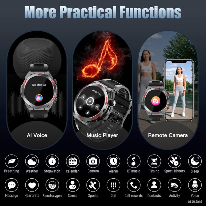 Jdcrsj Military Smart Watch, 1.52-Inch Smartwatch with Text and Call, Heart Rate, Blood Oxygen, and Activity Trackers - Compatible with iPhone and Android, for Men and Women (Classic, Black) - Image 6