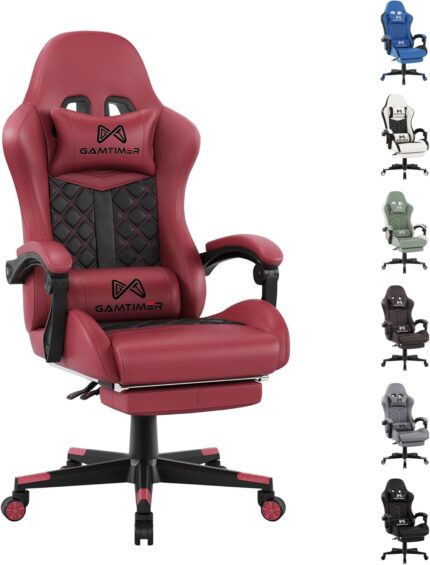 Gamtimer Gaming Chair, Ergonomic Computer Chair with Footrest and Lumbar Support, Breathable PU Leather, Large Gaming Chair, Height-Adjustable 360 Degree Swivel Chair (Pink)