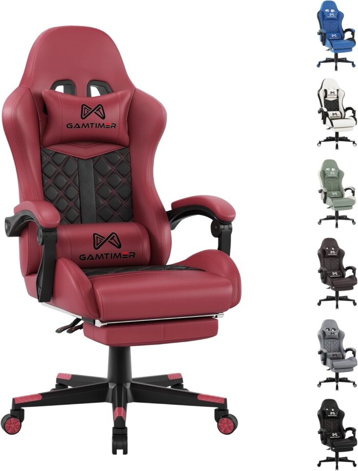 Gamtimer Gaming Chair, Ergonomic Computer Chair with Footrest and Lumbar Support, Breathable PU Leather, Large Gaming Chair, Height-Adjustable 360 Degree Swivel Chair (Pink)
