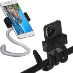 Amylove 2 Pcs Stroller Phone Holder Portable Cell Phone Holder Stand Universal Stroller Accessories for Parent Baby Toddler Phone Clamp with Non Slip Silicone Arm Grip for Shopping Carts (Black, Grey)