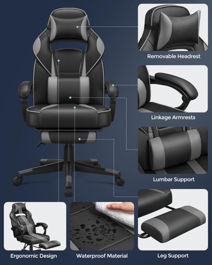 SONGMICS OBG073B03 Gaming Chair, Desk Chair with Footrest, Office Chair with Headrest and Lumbar Cushion, Height-Adjustable, Ergonomic, 90-135° Tilt Angle, Maximum Load 150 kg, Black/Grey - Image 3