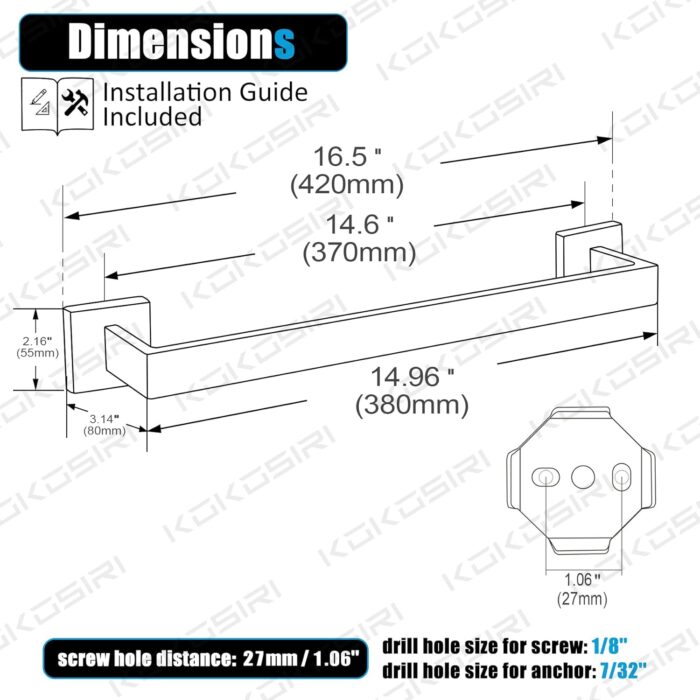 KOKOSIRI 16-Inch Single Towel Bar, Bathroom Kitchen Towel Holder, Wall Mounted SUS304 Stainless Steel Towel Rack, Matte Black, B4003BK-L16 - Image 2