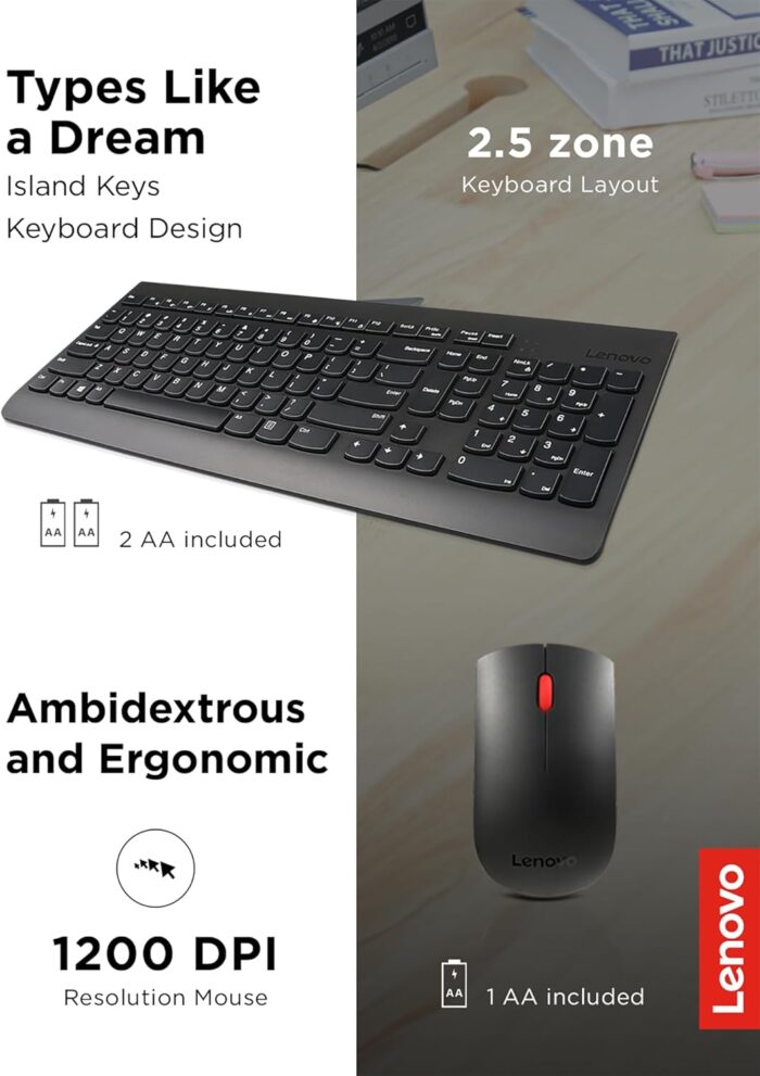 Lenovo 510 Wireless Keyboard & Mouse Combo, 2.4 GHz Nano USB Receiver, Full Size, Island Key Design, Left or Right Hand, 1200 DPI Optical Mouse, GX30N81775, Black - Image 4