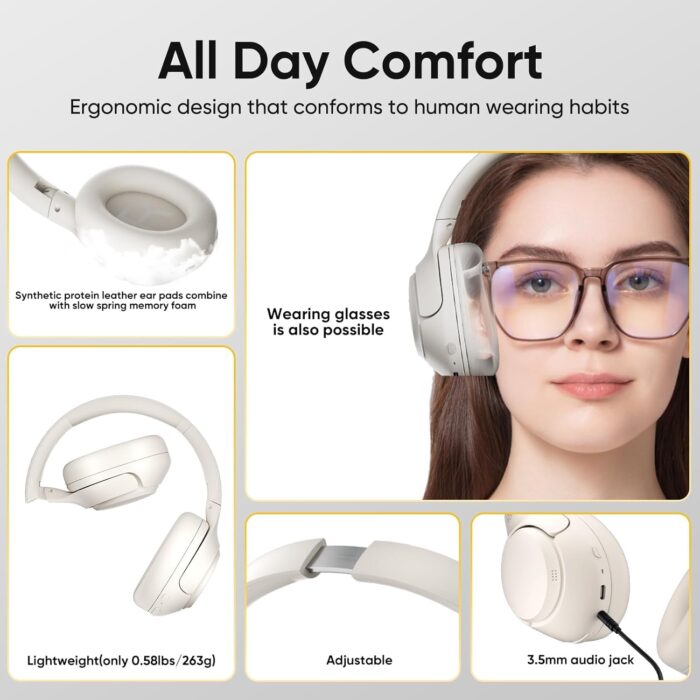 QCY H3 ANC Wireless Headphones Active Noise Cancelling, Hi-Res Audio Over-Ear Headphones Bluetooth 5.4, 60H Playtime, Multipoint Connection Foldable Headset (White) - Image 6