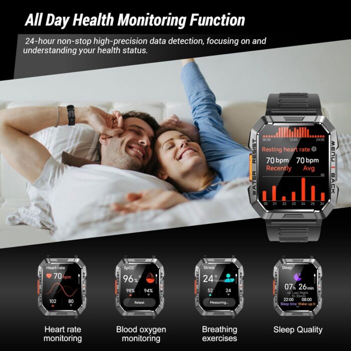 IOWODO Military Smart Watch for Men (Answer/Make Calls), 2.01'' Smart Watch for Android and iPhone, Fitness Tracker with Flashlight/Compass/100 Days Battery/Heart Rate/Sleep/100+ Sport Modes(2 Straps) - Image 7