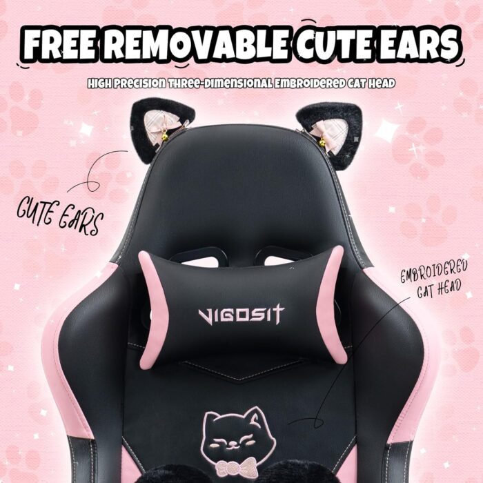 Vigosit Cat Ears PU Leather Gaming Chair Ergonomic Adjustable Office Desk Computer Chairs for Gamers Adults Kids 360 Degree Swivel Recliner 45in Height, Black Pink - Image 6