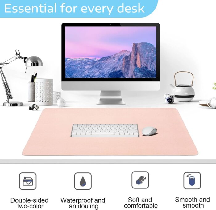 Sky-Touch Desk Pad Leather Computer Mouse Pad Office Desk Mat Extended Gaming Mouse Pad, Non-Slip Waterproof Dual-Side Use Desk Mat Protector 80 x 40cm, (Pink/White) - Image 2
