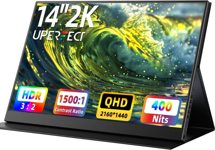 UPERFECT 2K Portable Monitor, 14″ Ultra Slim Portable Laptop Monitor 2160 * 1440 QHD External Display with Dual Speakers HDR FreeSync Second Screen for Laptop PC Phone Game Console