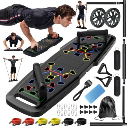 Push Up Board,Home Gym,Portable Exercise Equipment,Pilates Bar & 20 Fitness Accessories with Resistance Bands & Ab Roller Wheel,Full Body Workout at Home