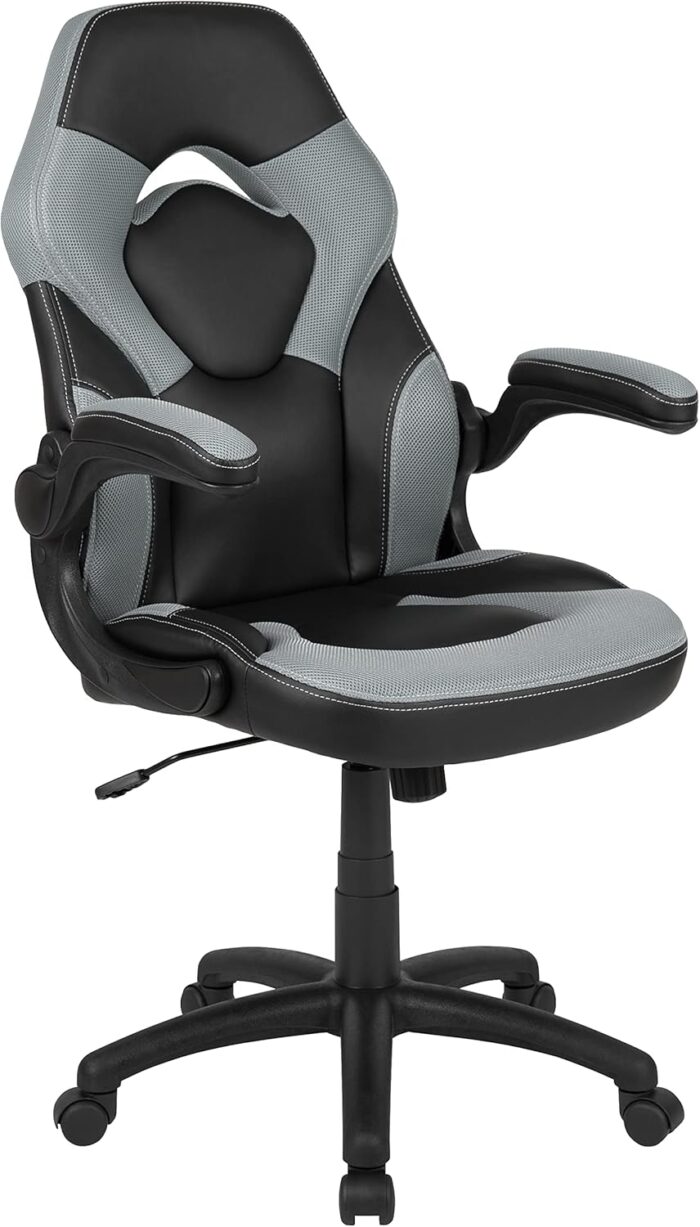 Flash Furniture X10 High-Back LeatherSoft Racing Style Gaming Chair with Flip-Up Arms, Ergonomic Padded Swivel Computer Chair, Gray/Black