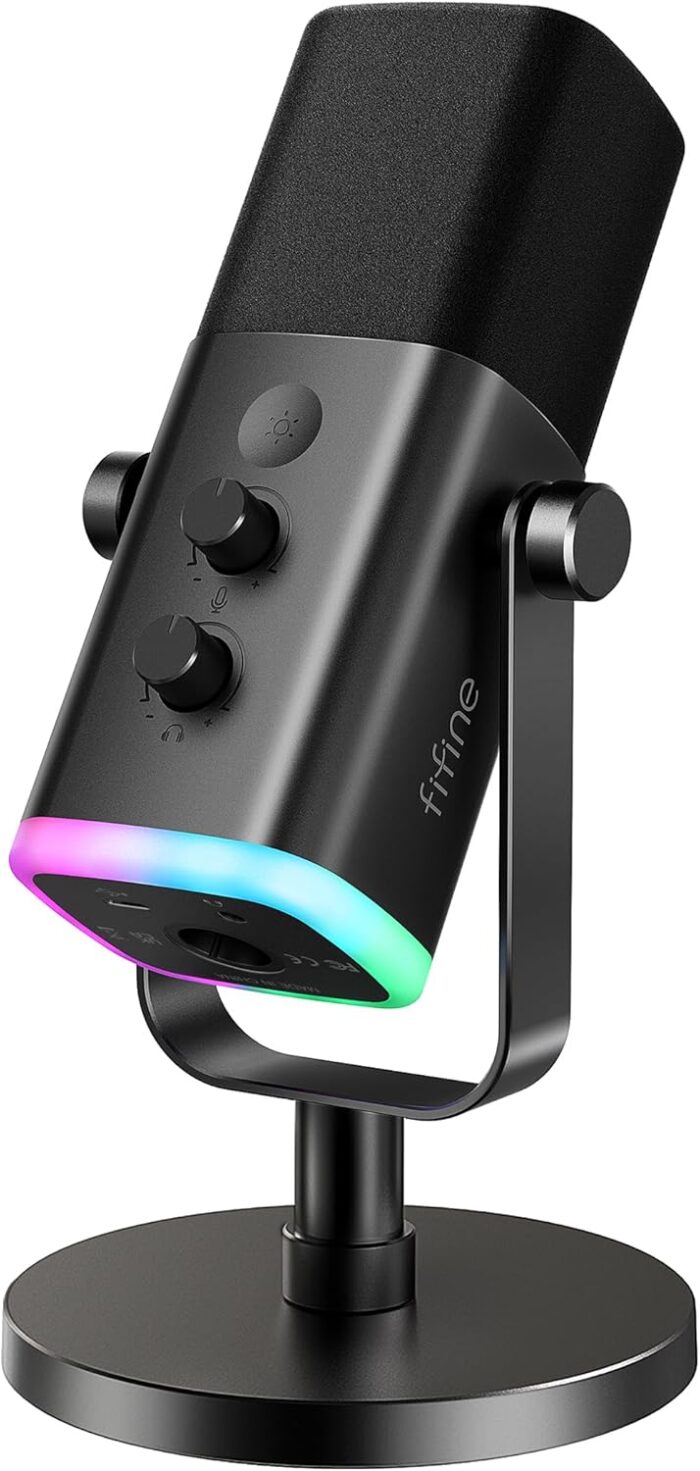 FIFINE XLR/USB Dynamic Microphone for Podcast Recording, PC Computer Gaming Streaming Mic with RGB Light, Mute Button, Headphones Jack, Desktop Stand, Vocal Mic for Singing YouTube-AmpliGame AM8