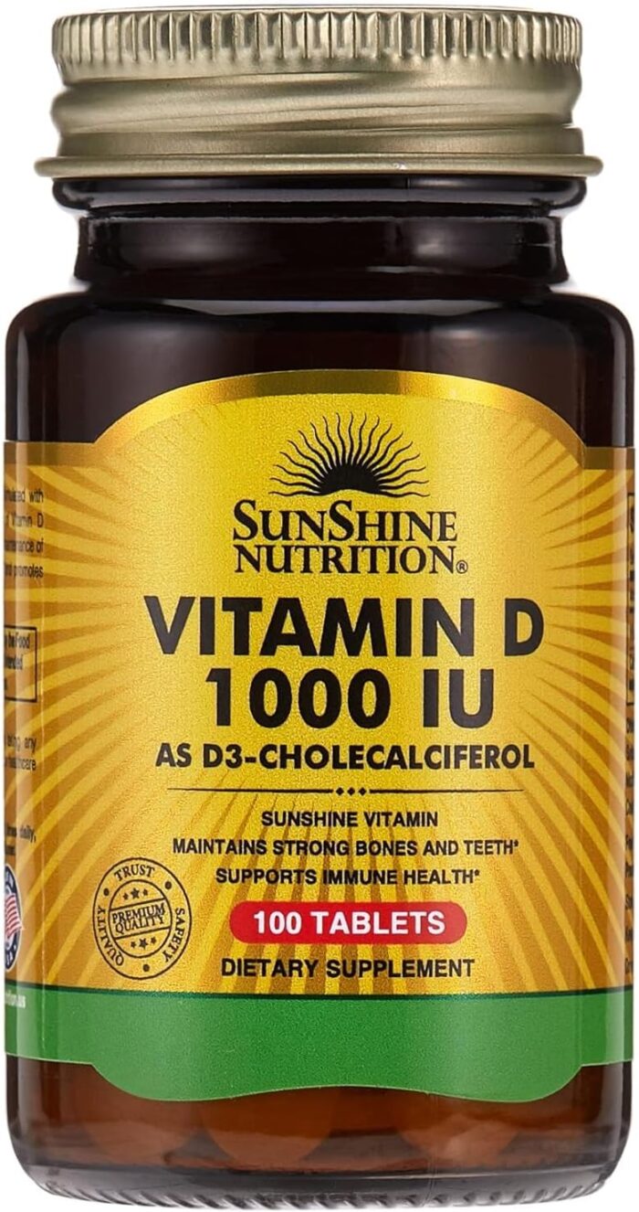 Sunshine Nutrition Vitamin D 1000 Iu (D3 Cholecalciferol), 100 Tablets | Promotes Strong Bones, Teeth | Supports Healthy Function | Gluten Free