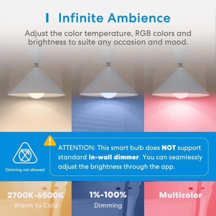 Meross Smart Bulb, 4 Pack LED Smart Light Bulb,Multicolor, with Timer, Compatible with Apple HomeKit, Alexa, Google Home and SmartThings, E27 2700K-6500K RGBWW Wi-Fi Dimmable Bulb - Image 6
