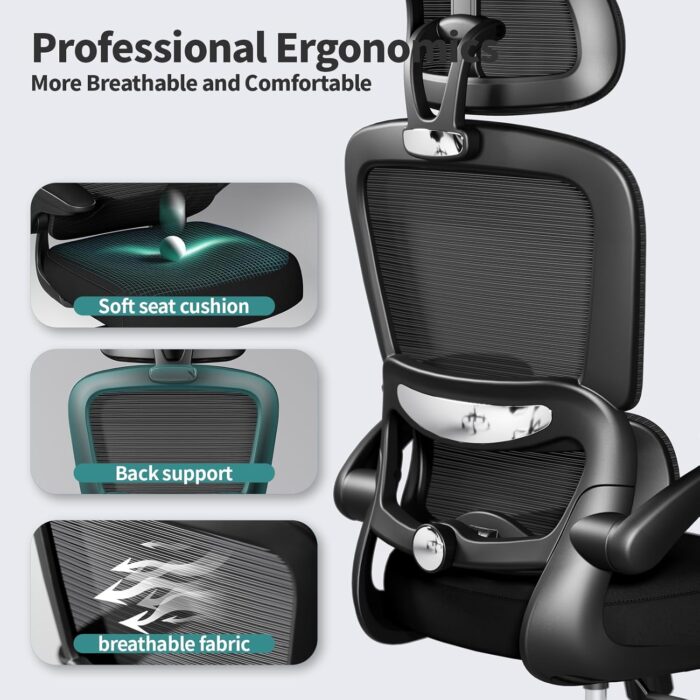 Ergonomic Office Chair with Lumbar Support - Adjustable Computer Desk Chairs for Home Office, Gaming, and Work - Comfortable and Supportive Desk Chairs for Adults (Black) (Light Black) - Image 6