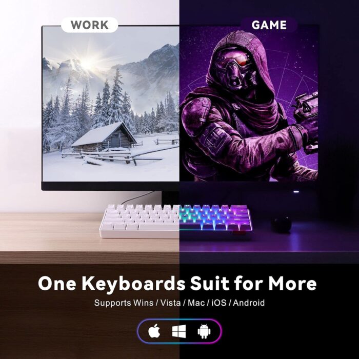 Baytion Mechanical Gaming Keyboard, 61 Keys Ultral Compact Wired Keyboard with Blue Switches and RGB Backlit for iOS, Android and Windows, White - Image 7