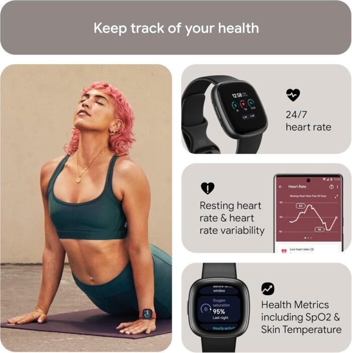 Fitbit Versa 4 Fitness Smartwatch with Daily Readiness, GPS, 24/7 Heart Rate, 40+ Exercise Modes, Sleep Tracking and more, Black/Graphite, One Size (S & L Bands Included) Bluetooth - Image 4