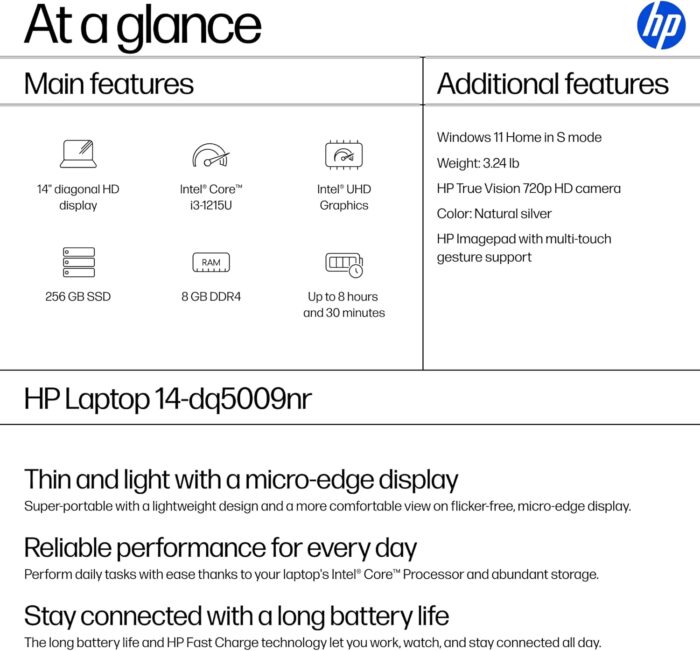 HP 14" Laptop, HD Display, Intel Core i3-1215U, 8GB RAM, 256GB SSD, Intel UHD Graphics, Windows 11 Home in S Mode, Natural Silver, 14-dq5009nr - Image 3