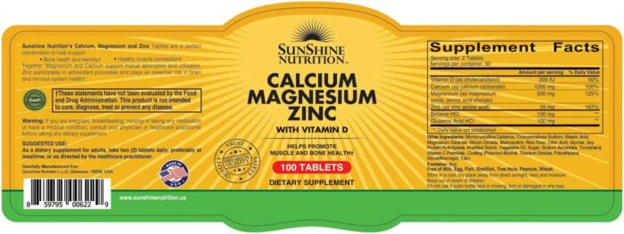 Sunshine Nutrition Calcium Magnesium Zinc With Vitamin D, 100 Tablets | Helps Promote Muscle & Bone Health | Gluten Free - Image 2