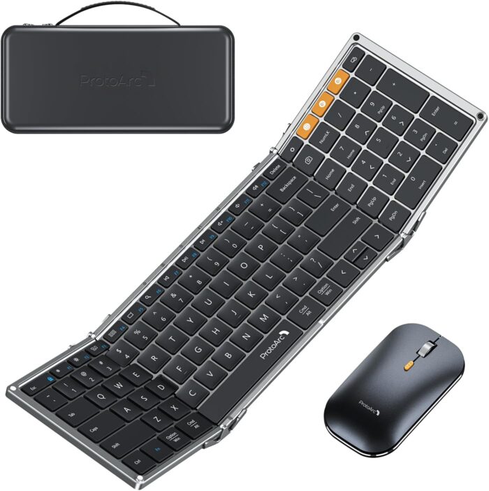 ProtoArc Foldable Keyboard and Mouse, XKM01 True Full-Size Folding Keyboard Mouse Combo for Business and Travel, 2.4G+Dual Bluetooth Portable Mouse Keyboard for Laptop iPads Tablets – Black Gray
