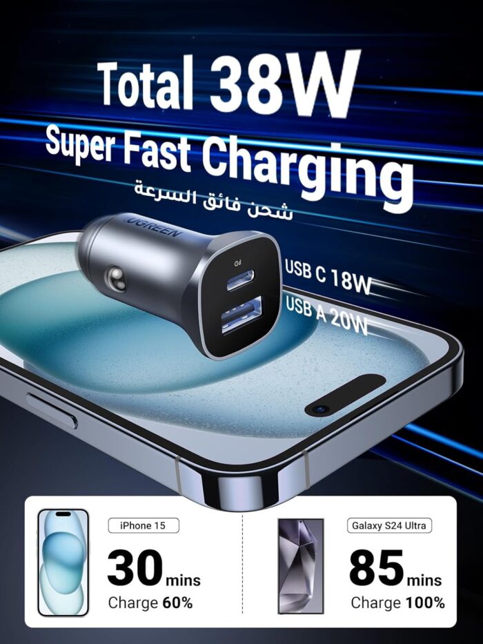 UGREEN PD 24W Car Charger Fast Charging Dual USB Phone Plug Adapter Car Charger Type C Compatible with iPhone 16 Pro Max/16 Pro/15/14/13x/12/11, iPad, Samsung S25/S24, Huawei Mate60,etc - Image 2