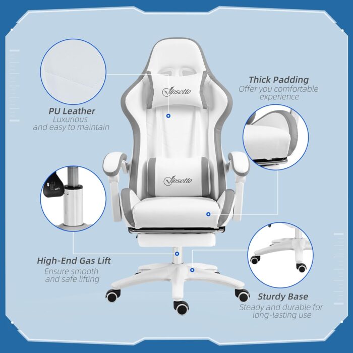 Vinsetto Racing Gaming Chair, Reclining PU Leather Computer Chair with 360 Degree Swivel Seat, Footrest, Removable Headrest and Lumber Support, White and Grey - Image 7