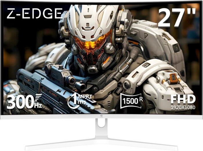 Z-EDGE 27-inch Curved Gaming Monitor – 16:9 Full HD 1920×1080, 300Hz Refresh Rate, 1ms Response Time, Frameless LED Display, AMD FreeSync Premium – DisplayPort & HDMI Ports UG27H White