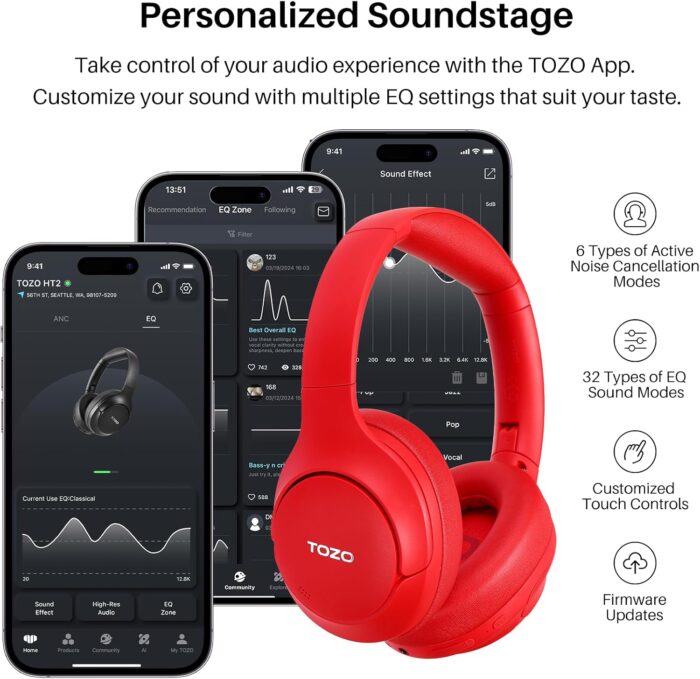 TOZO HT2 Hybrid Active Noise Cancelling Headphones, Wireless Over Ear Bluetooth Headphones, 60H Playtime, Hi-Res Audio Custom EQ via App Deep Bass Comfort Fit Ear Cups, for Home Office Travel Red - Image 6