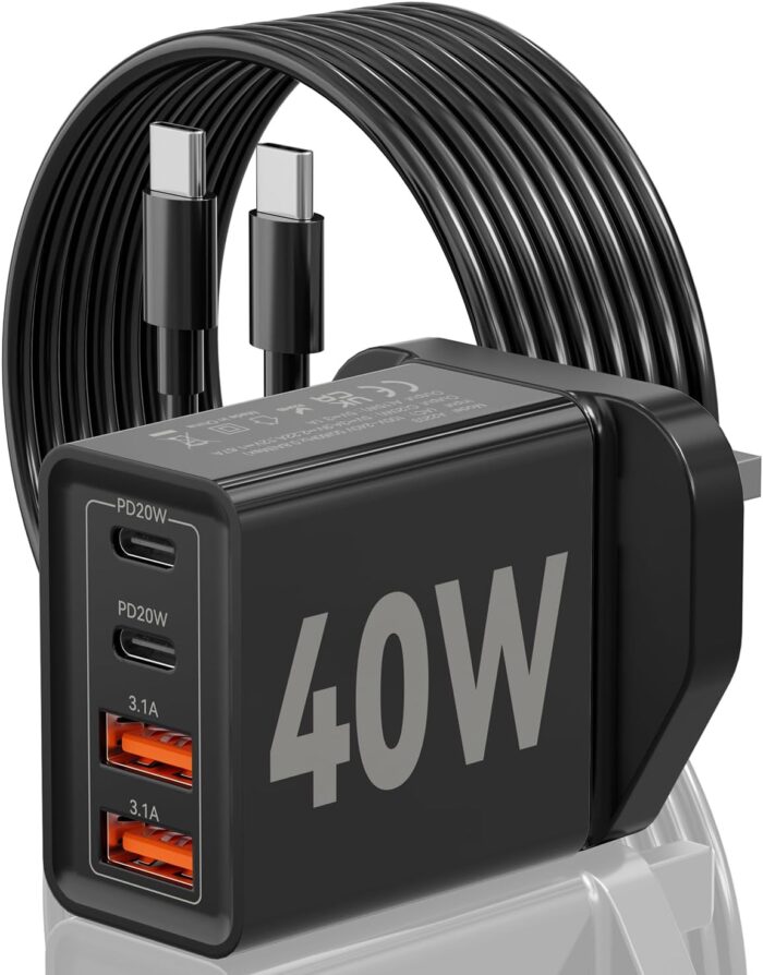 Aerostralia USB C Fast Charger – 40W Dual USB-C Phone Charger, 4-Port 20W Power Adapter with QC3.0 Plug, Dual PD USBC Charger & C to C Fast Charging Cable Compatible with iPhone, Mac Book Air, Laptop
