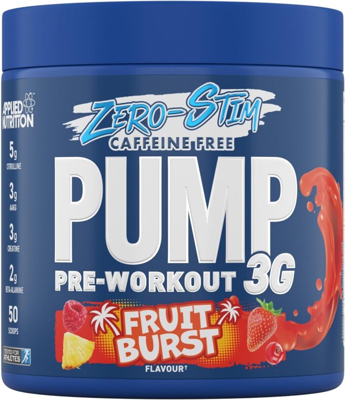 Applied Nutrition Pump Zero Pre Workout – Zero Stim, Caffeine Free, Energy & Performance (375g – 25 Servings) (Fruit Burst)