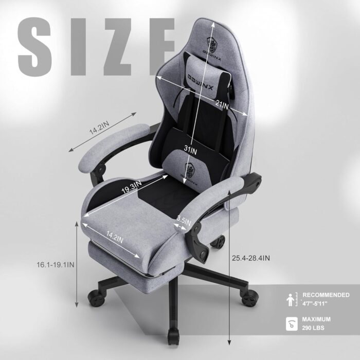 Dowinx Gaming Chair – Massage Cushion, Breathable Fabric, Ergonomic Design with Footrest, 360° Swivel, Adjustable Neck & Lumbar Pillow for Back Support, Home & Office Chair - Image 3