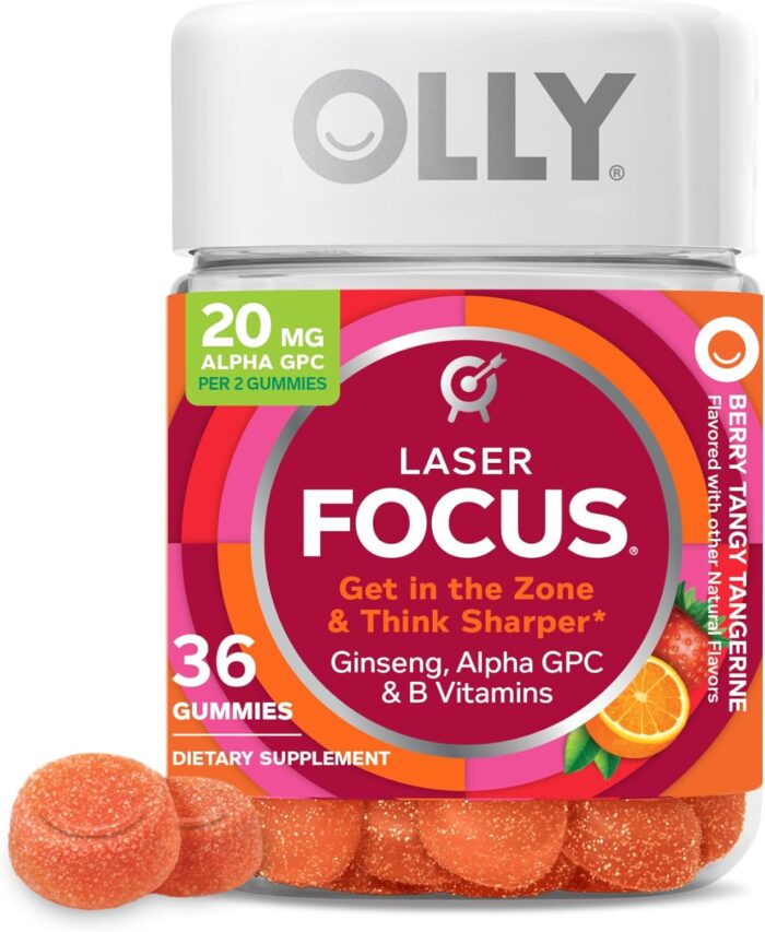 OLLY Laser Focus Gummy, Ginseng, Alpha GPC, B Vitamins, Berry Tangerine Flavor – 36 Count